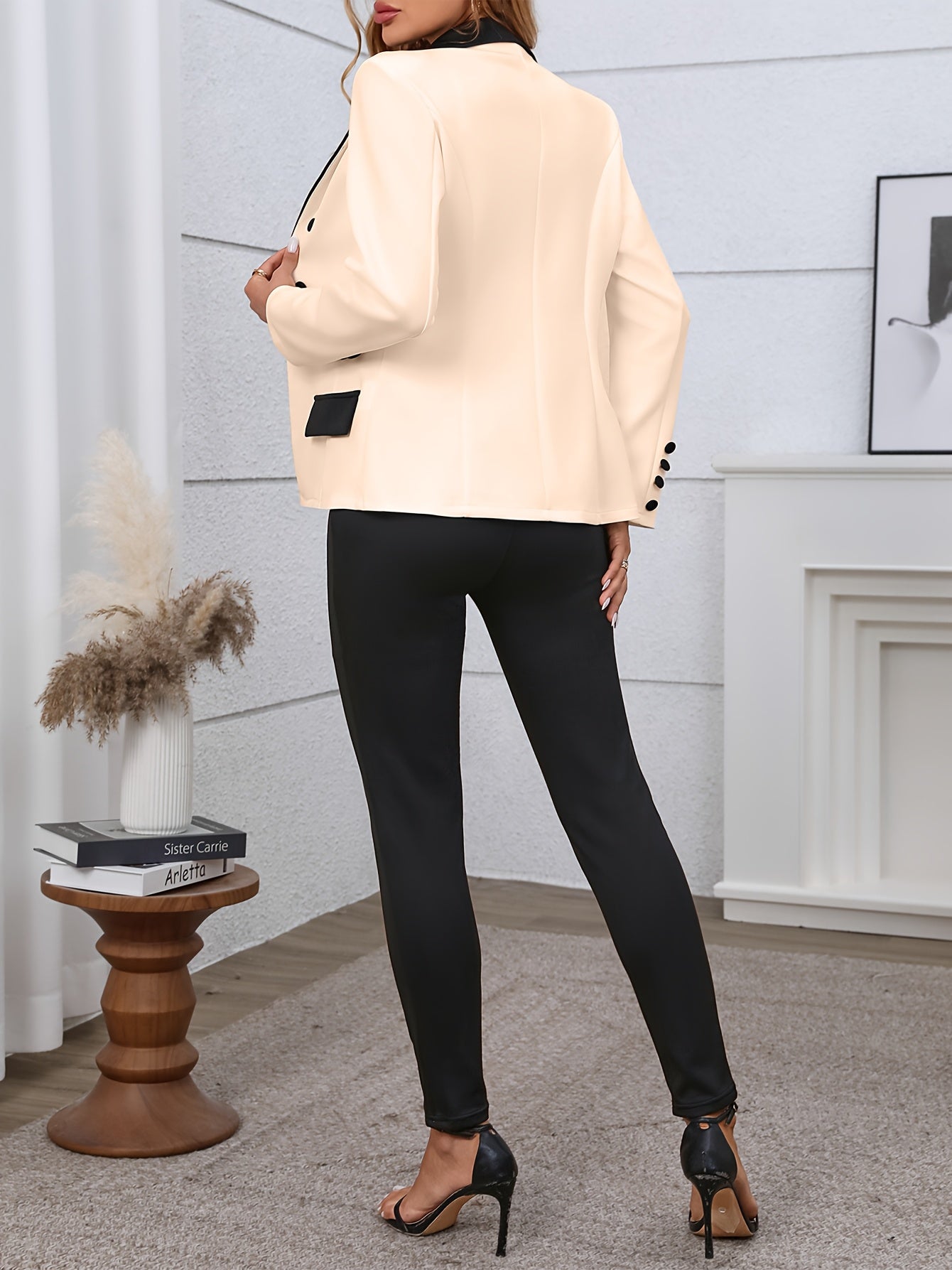 two-piece Color Block Blazer & Straight Leg Pant Set for Women, Casual Button-Front Blazer & Pants Outfit